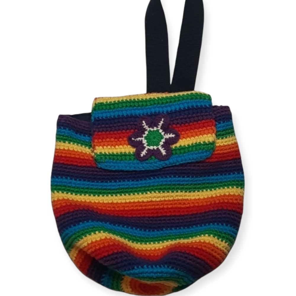Crocheted rainbow cross body bag, adjustable strap, EUC